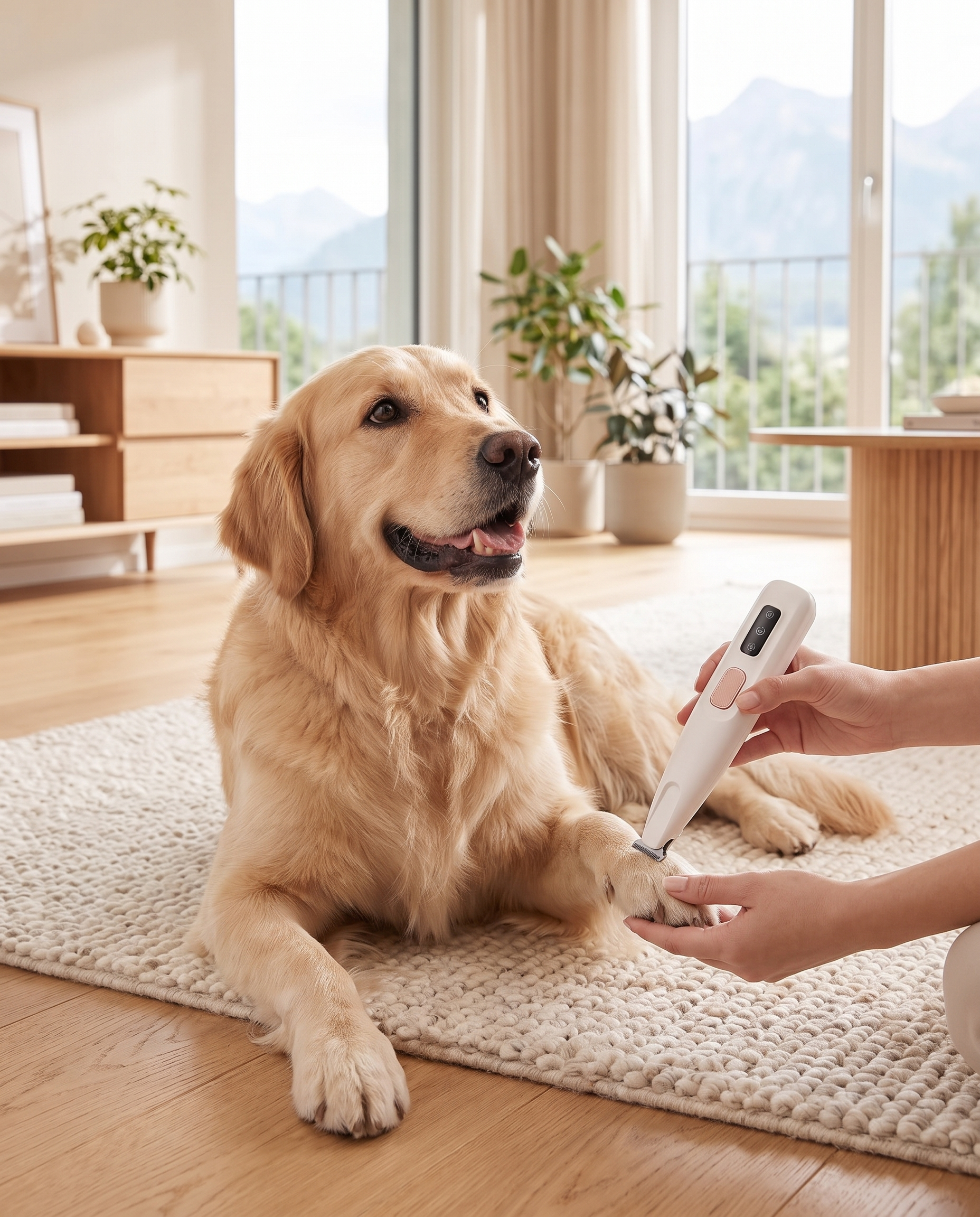 PawTrim Nova in der Hand – entspannter Golden Retriever bei der Pfotenpflege zu Hause