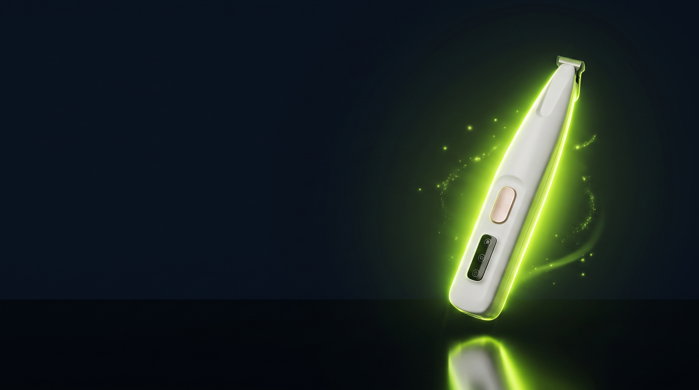 PawTrim Nova – Lime-Glow mit Partikel-Wirbel, dunkel